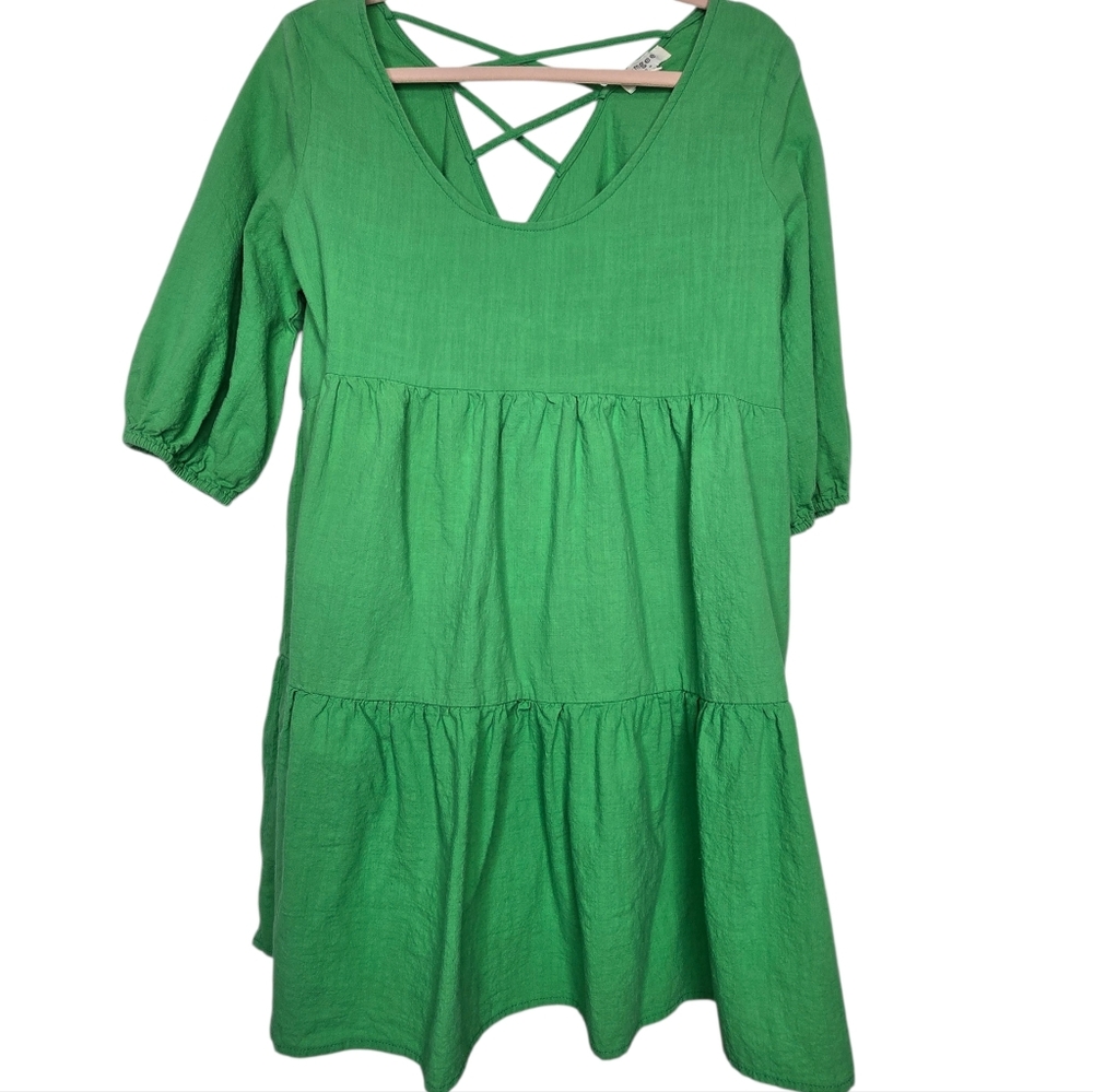 Umgee green, tiered mini dress, sometimes referred to as a Henley Peasant Dress